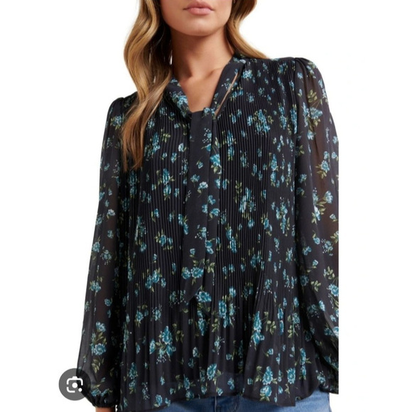 MNG Mango Womens Pleated Floral Blouse Relaxed Necktie Black Cottage Romantic 6 - Picture 5 of 16